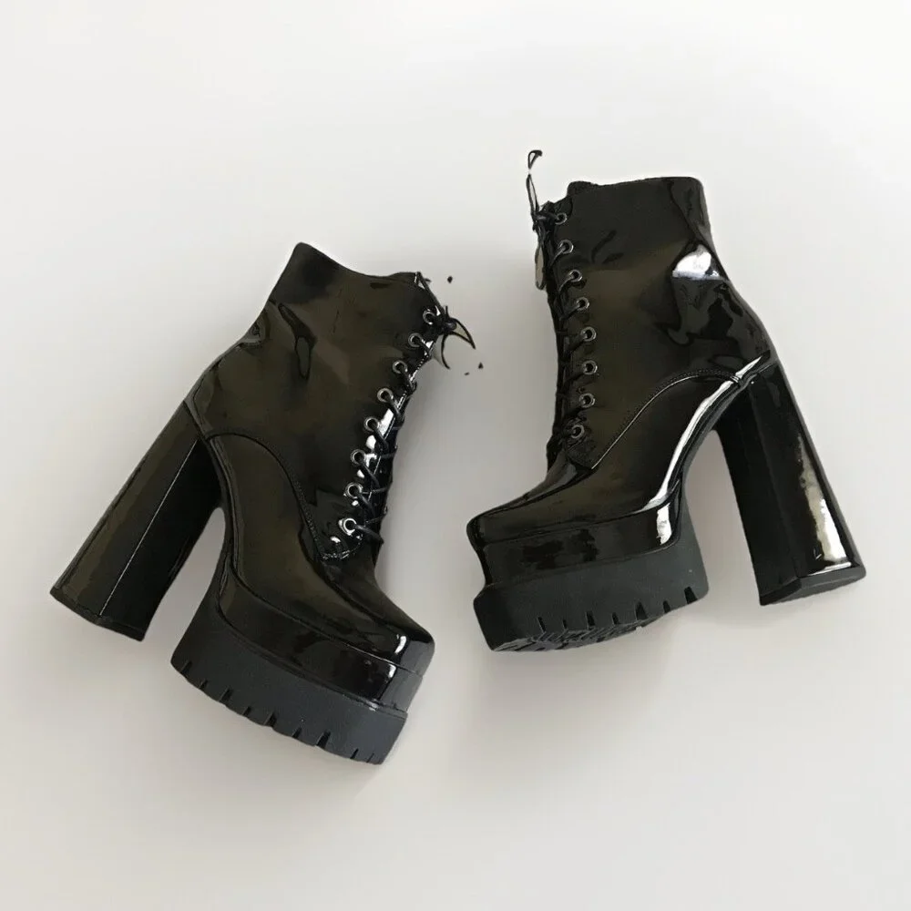 Patent PU Platform Lug Boots Chunky Block High Heel Ankle Boots‎ Size 8